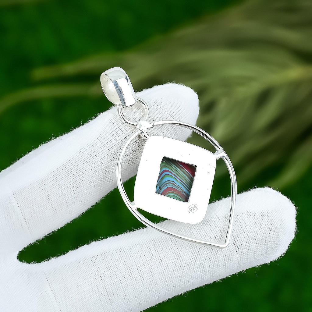 Birthday Gift For Her Natural Rainbow Calsilica Gemstone Pendant 925 Silver