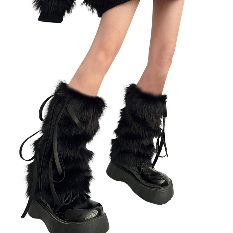 Women Gothic Punk Harajuku Plush Leg Warmers Japanese JK Sweet Ribbon Bowknot Warm Furry Boots Cover Leg Sleeve Socks