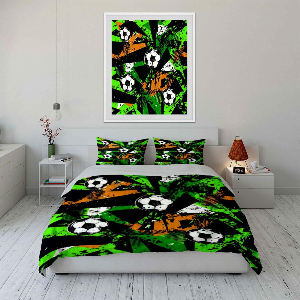 Grunge Green And Black Soccer Ball Pattern 3Pcs Bedding Set Soft Microfiber Bedding Set For Teen Boys Bedroom
