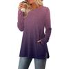 Women's Gradient Printed Round-neck Long-sleeved Top With Pockets And Side Slits