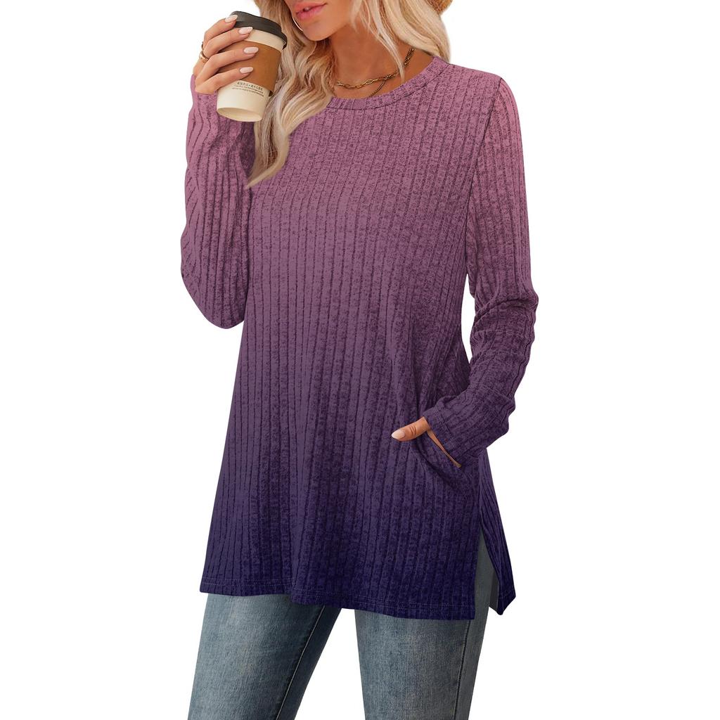 Women's Gradient Printed Round-neck Long-sleeved Top With Pockets And Side Slits