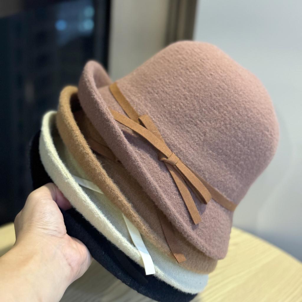 Bow Basin Hat Woolen Hat Autumn and Winter Fashion Versatile Fisherman Hat Retro Top Hat Round Face showing Small Hat Trendy for Women