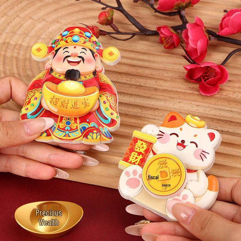 Festive Lucky Cat & God of Wealth Refrigerator Magnets - Perfect New Year Decorations Gift