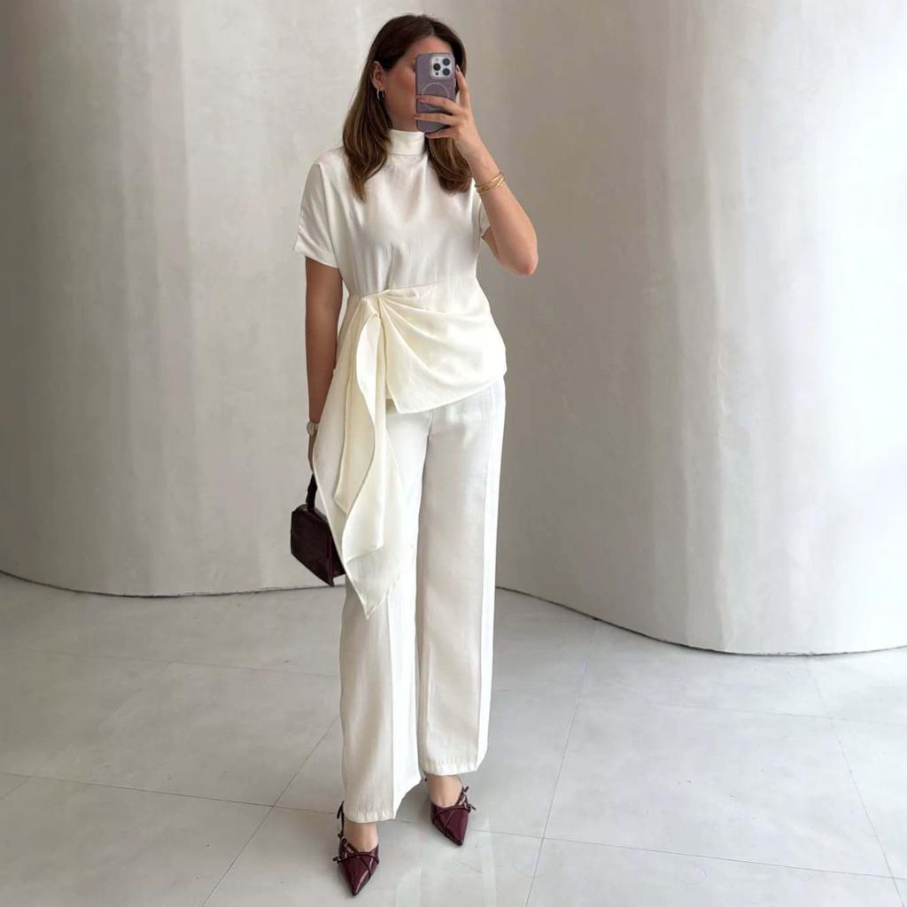 European and American Cross-border Amazon Independent Station Spring and Autumn New Short-sleeved Stand-up Collar Streamer Top Straight Trousers Set