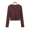 Women's Ribbed V-neck Slim-fit Base Shirt - Autumn/Winter Versatile Solid Color Top