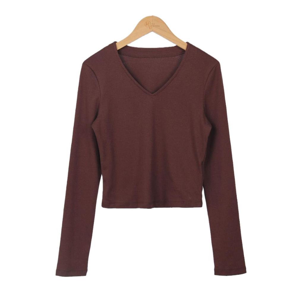 Women's Ribbed V-neck Slim-fit Base Shirt - Autumn/Winter Versatile Solid Color Top