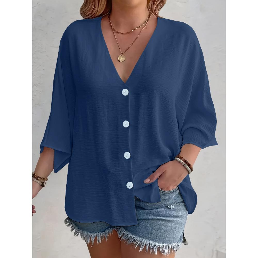 

2025 Новые модные женские топы больших размеров, свободные футболки с V-образным вырезом и длинными рукавами, весна-лето, элегантная однотонная повседневная блузка 3XL темно-синий