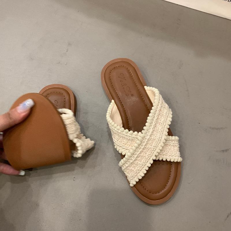 

Этнические Крутые Тапочки 2025 Новые Летние Винтажные Плетеные Перекрестные Богемные Студенческие На Плоской Подошве Вьетнамки 39 бежевый