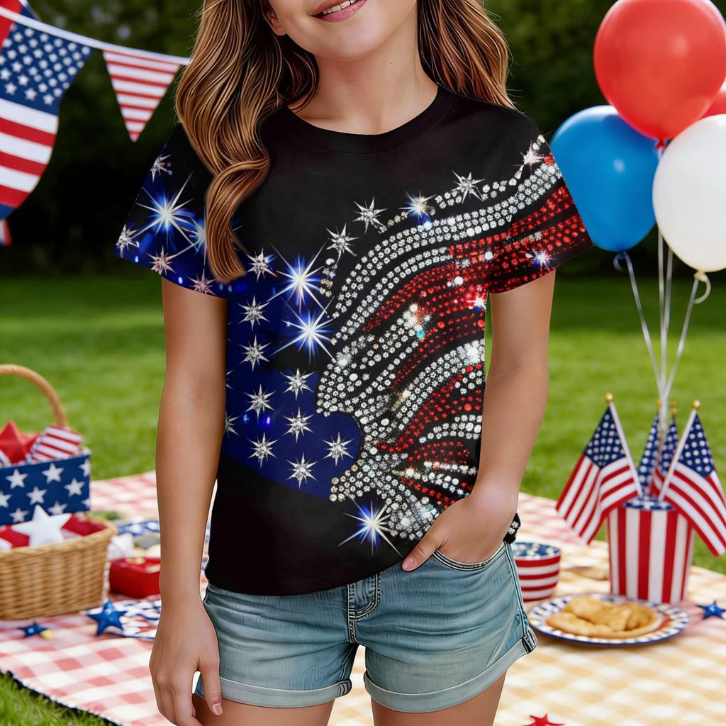 Kids Independence Day Print Round Neck Short Sleeve Casual T-shirt