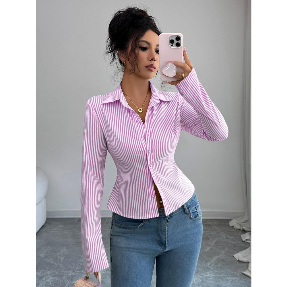 Casual Simple Striped Long-sleeved Button Tops and Shirts for Women 2025 Autumn and Winter