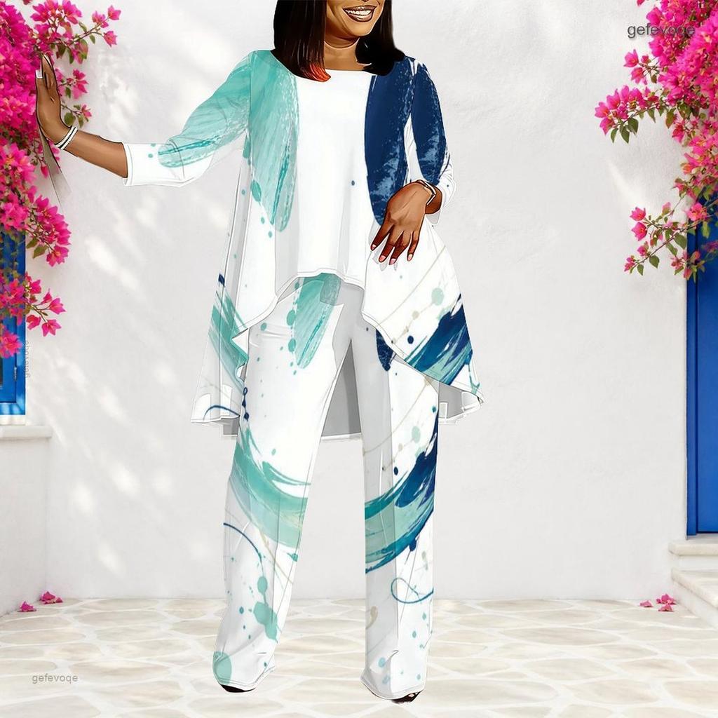 Women Plus Size Beige Green Printed Round Neck Long Sleeve Asymmetrical Top Wide Leg Pants Two Piece Set