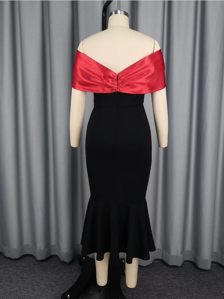 Black Patchwork One-Shoulder Stain Evening Dress Women Elegant Slim Fit Mermaid Package Hip Midi Party Dress Sexy Formal Gown