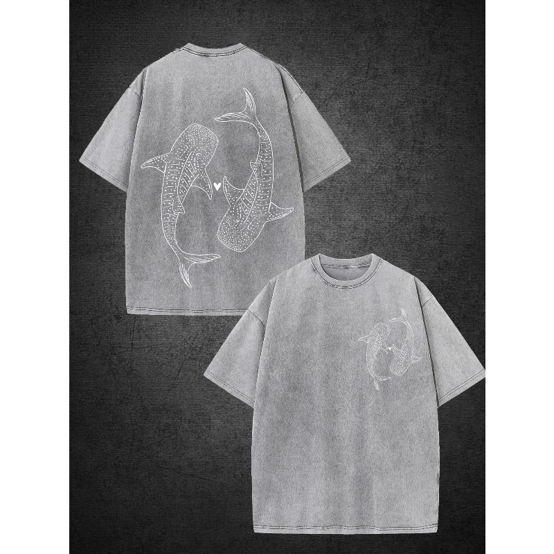 T-shirt da Uomo a Maniche Corte in Cotone Lavato con Stampa Retro Street Style e Pattern di Squalo Balena