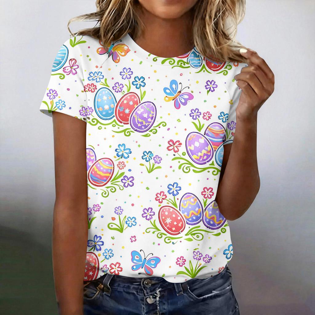 Women's Fashionable Casual Short-Sleeved Raglan Sleeve Easter Print T-Shirt Top