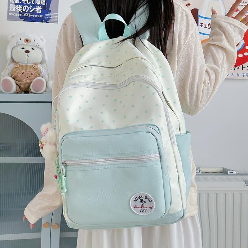 Student Schoolbag Women's Large Capacity Star Printed Backpack Colorblock Travel Backpack