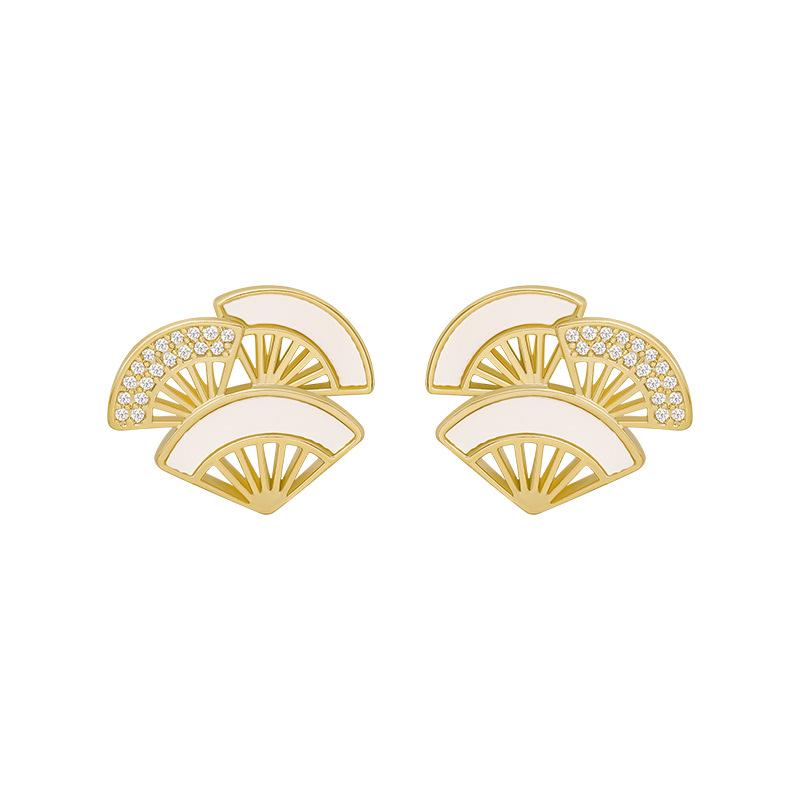 Diamond Fan-Shaped Ginkgo Biloba Stud Earrings Temperament Earrings Women'S Fashion Earrings