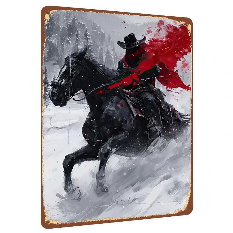 

Red Scarf Cowboy Snowy Mountain Horse Riding Metal Iron Painting Wall Decor for Living Room Office 20x30cm（7.8x11.8inch）