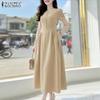 ZANZEA Women Casual Round Neck Solid Color Elegant Short Sleeve Dress