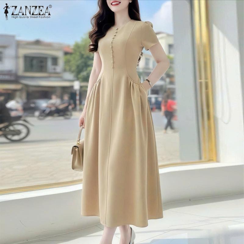 ZANZEA Women Casual Round Neck Solid Color Elegant Short Sleeve Dress