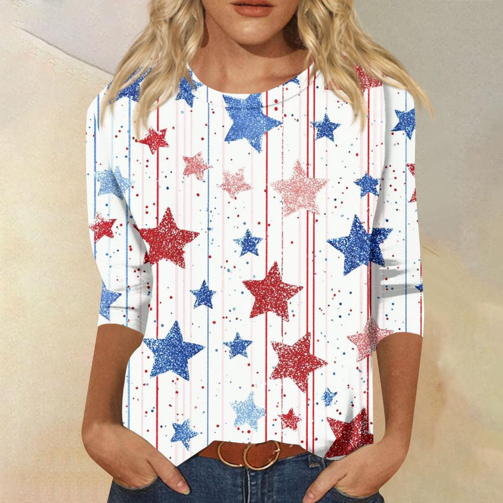 Women's Fashion Casual Seven-Sleeve Independence Day Print Round Neck Top