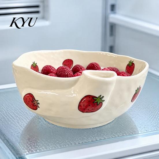 Professional Produce Cleaning Tool Ceramic Berry Washing Bowl with Drainage Holes, Fruit Kitchen Colander for Fresh Strawberries Rinse Basin, Berries