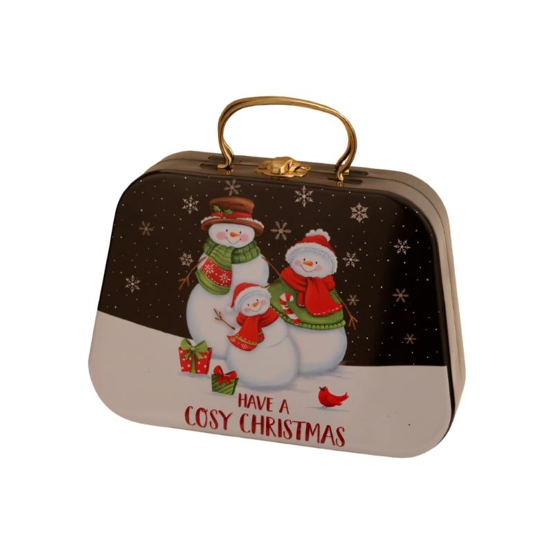 Holiday Gift Tin Box Christmas Metal Treat Container with Handle and Lid Closure for Small Gifts, Dessert Table Use