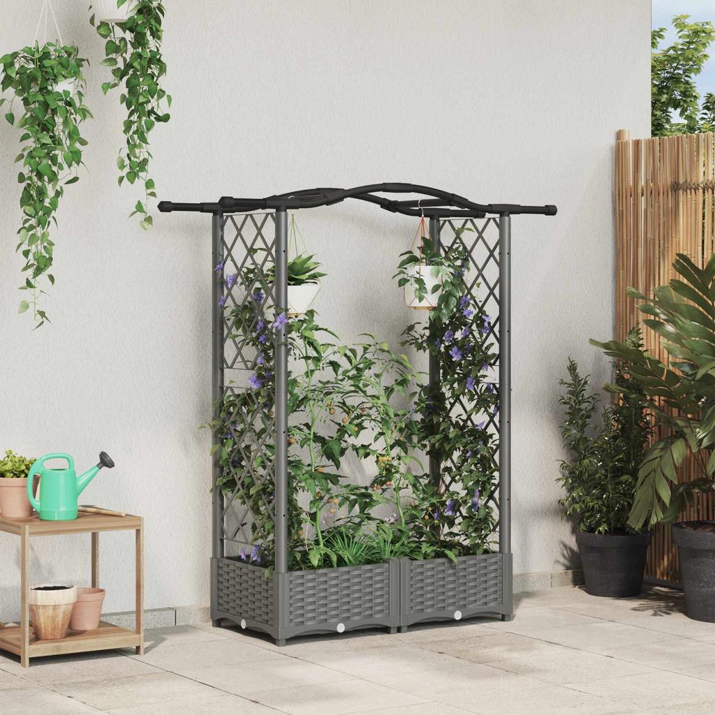 Raised Garden Bed with Trellis and Hanging Roof Light Grey 124 X 40 X 125 Cm PP