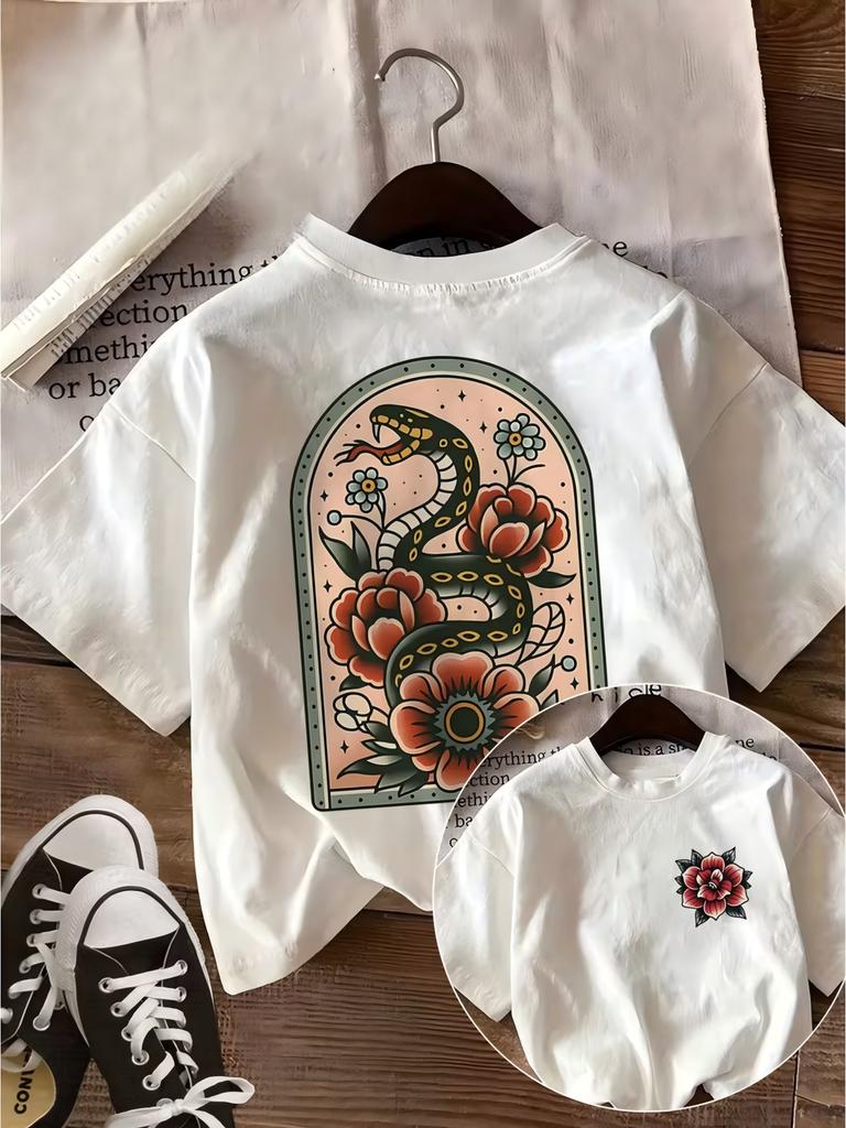 Floral Snake Graphic T Shirt Vintage Tattoo Style Tee Retro Aesthetic Harajuku Streetwear Top Casual Unisex Short Sleeve Shirt