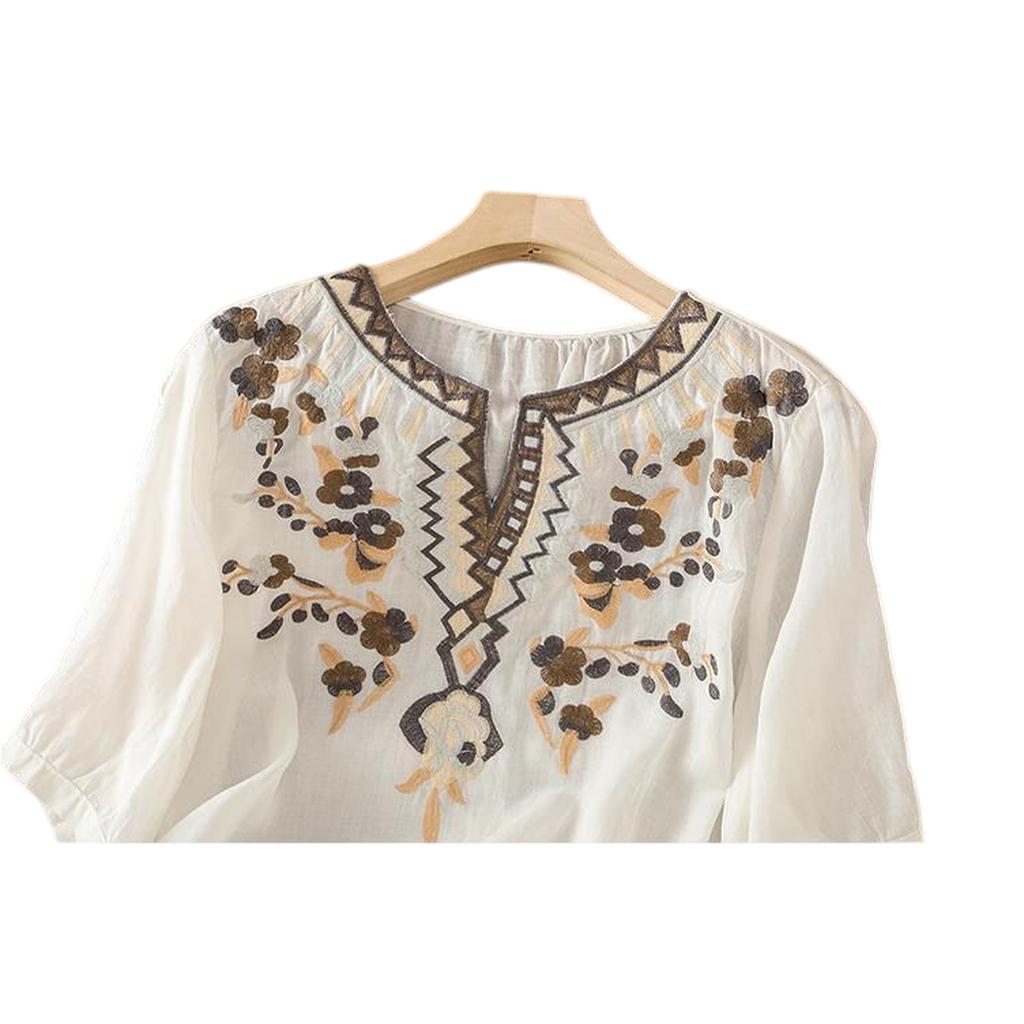Damen Retro Besticktes Baumwoll-Leinen Stilvolles Lässiges Hemd Top