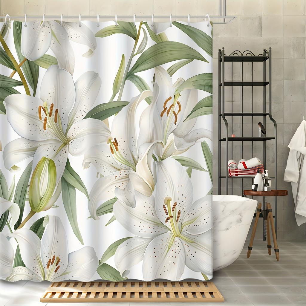 1 piece beautiful pure white lily flower shower curtain, polyester fabric, machine washable, suitable for bathroom decoration