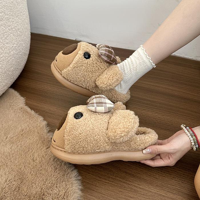 Kapibara fluffy slippers for women in autumn and winter 2025, thick-bottomed indoor home thermal bag head cotton slippers