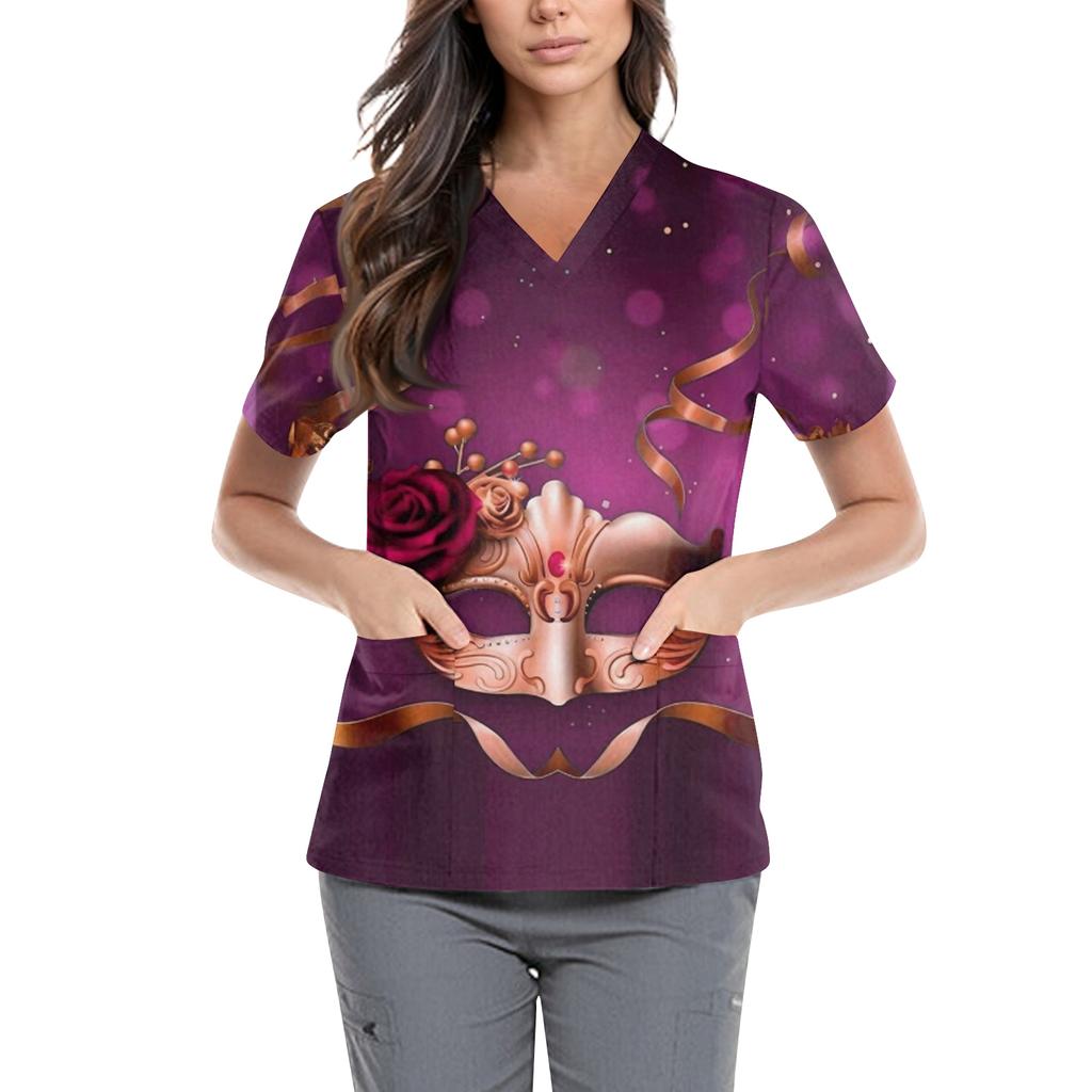 Women's Carnival Themed Outfit Party Mask Pattern Caregiver Top