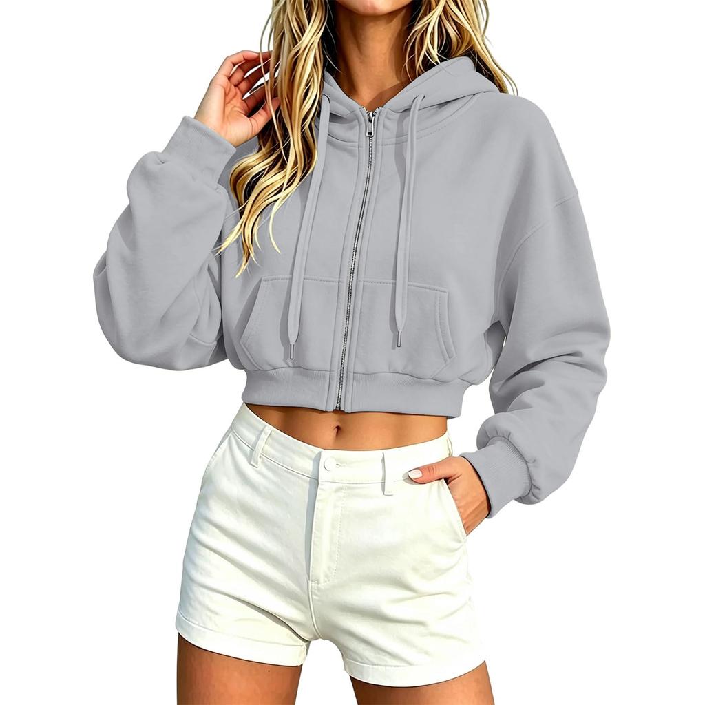 Sudadera con capucha y cremallera corta informal para mujer, chaqueta sudadera con capucha para uso diario