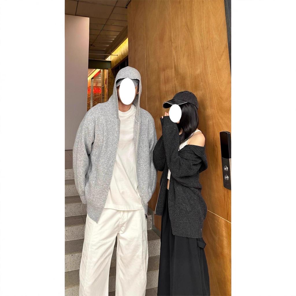 2025 Autumn/Winter High Neck Korean Style Double Zipper Knitted Cardigan for Couples – Loose Fit Sweater