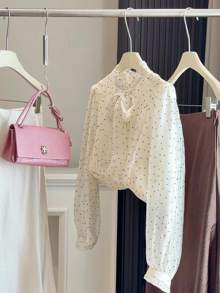 Women's Trendy Polka Dot Bow Lace-Up Shirt, Spring/Summer 2026 - Slim Fit, Long Sleeve