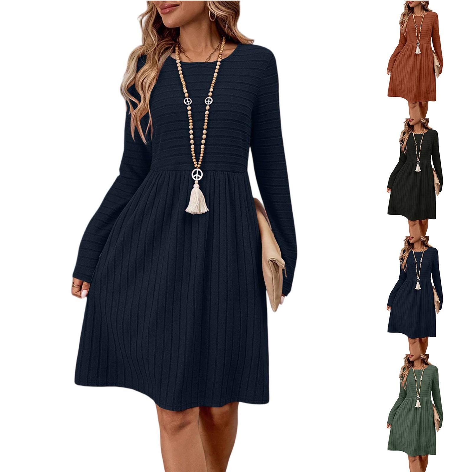 

Ladies Loose Comfortable Casual And Fashionable Solid Color Round Neck Long Sleeved Casual Dress M