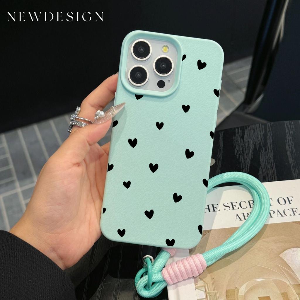INS Love Heart Luxury Cute Phone Chain Lanyard Case For iPhone 17 16 15 14 13 12 Pro Max 11 Plus Shockproof Lichee Pattern Funda