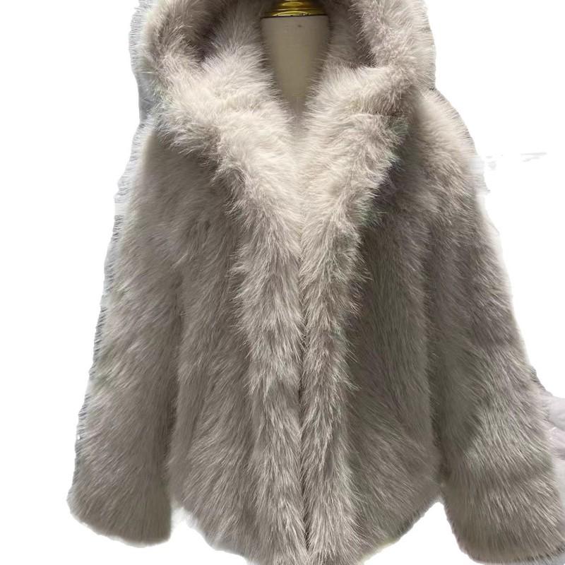 Cappotto con Cappuccio in Finta Pelliccia di Volpe da Donna Invernale Caldo Capo d'Abbigliamento Giacca Rosa in Peluche Eleganza Casual