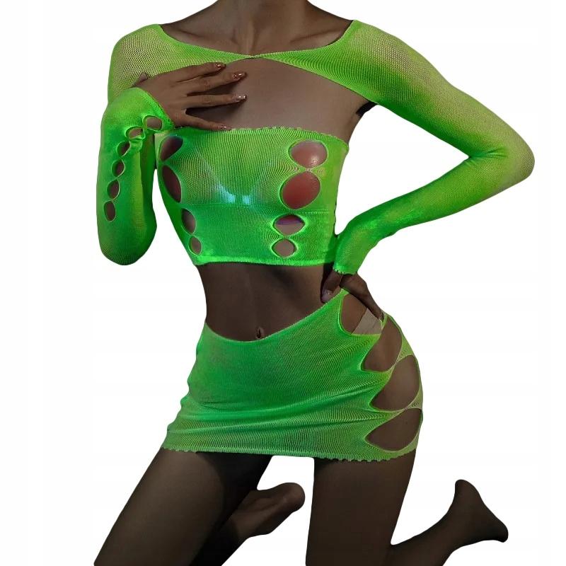 Bodystocking Glowing In The Dark Mesh Lingerie Set Attractive Ladies