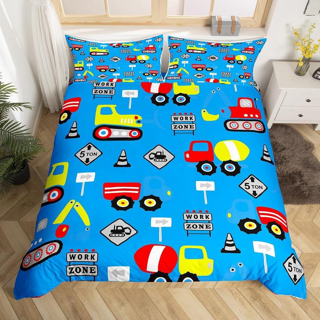 Truck Excavator Soft Duvet Cover Set Quen Sized Dimensions for Children Kids Nursery Carton Tractor Enginering Vehicle Construction Theme Beding Set