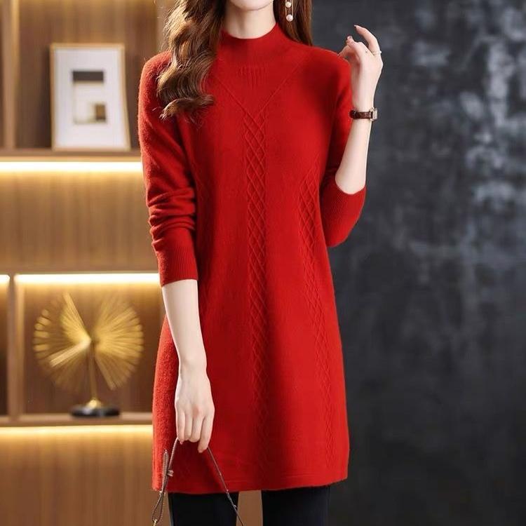 Mid-length Sweater for Women In Autumn and Winter Thickened Long-sleeved Pullover and A Solid-color Casual Knitted Sweater Dress