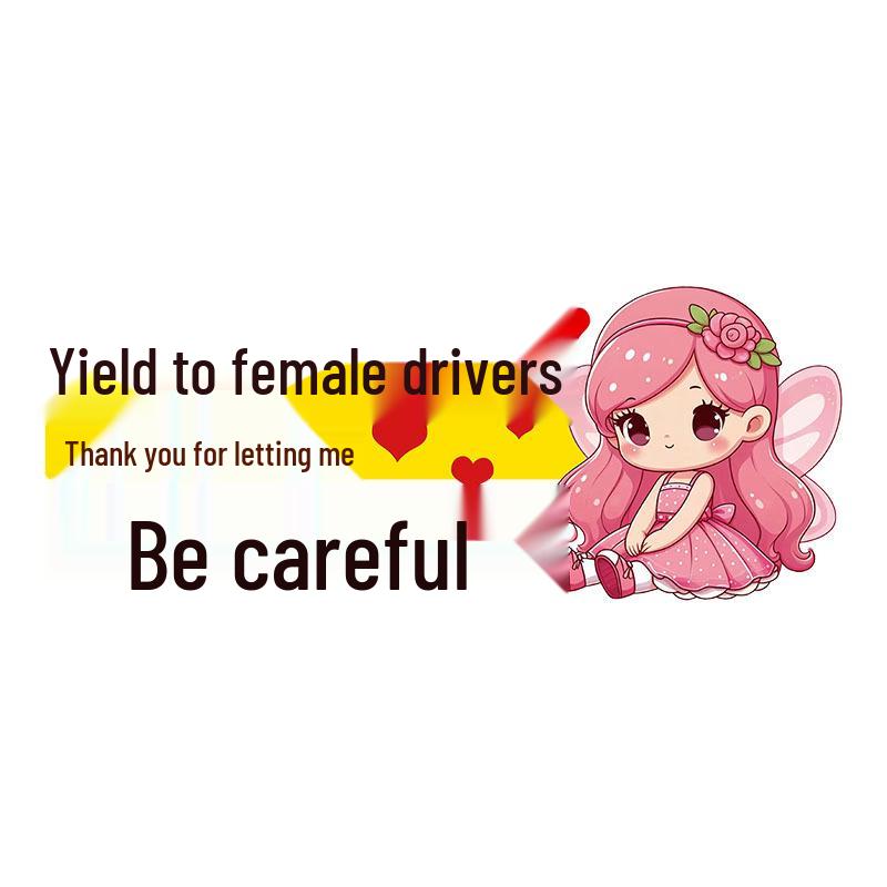 Reflective Cute Cartoon Text Sticker: 'Yield to Female Drivers' - Waterproof Rear Windshield Accessory