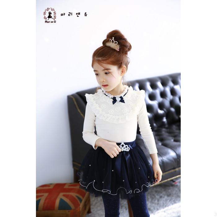 Korean Exquisite Girls' Cotton Lace T-Shirt - Long Sleeve, Round Neck