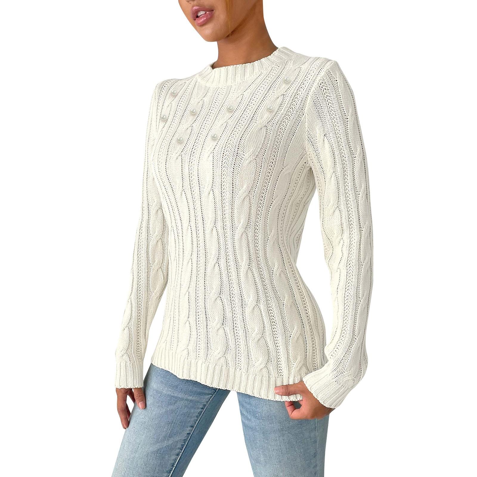 

Женский осенне-зимний новый круглый вырез пуловер повседневный джемпер с машинной вязкой и отделкой жемчугом и бисером с длинными рукавами M белый