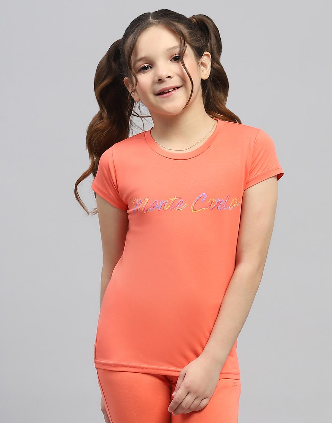 Monte Carlo Girls Orange Printed Round Neck Half Sleeve Top 5-6 Years