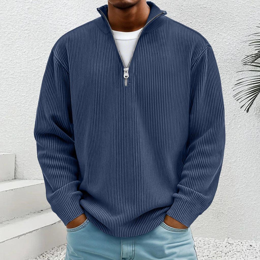 Men's 2025 European Autumn Corduroy Pullover Hoodie with Stand Collar and Zipper, Long Sleeve.