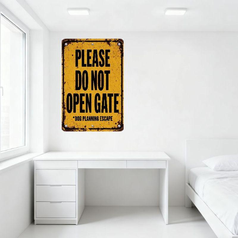 Vintage Rusty Metal Sign 'PLEASE DO NOT OPEN GATE' Dog Planning Escape Warning Sign with Black Border, Aged Metal Rivets for Hom