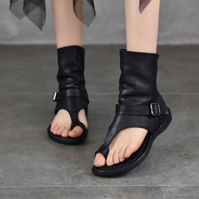 Johnature Women'shoes Roman Sandals Fashion Versatile Flat Genuine Leather Peep Toe Short Boots