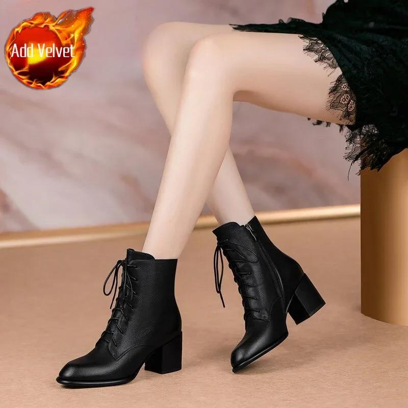Fashion Leather Booties Brown Elegant With Medium Heels Female Short Shoes New Rock Spring 2025 Designer Luxury Sale Women's Ankle Boots