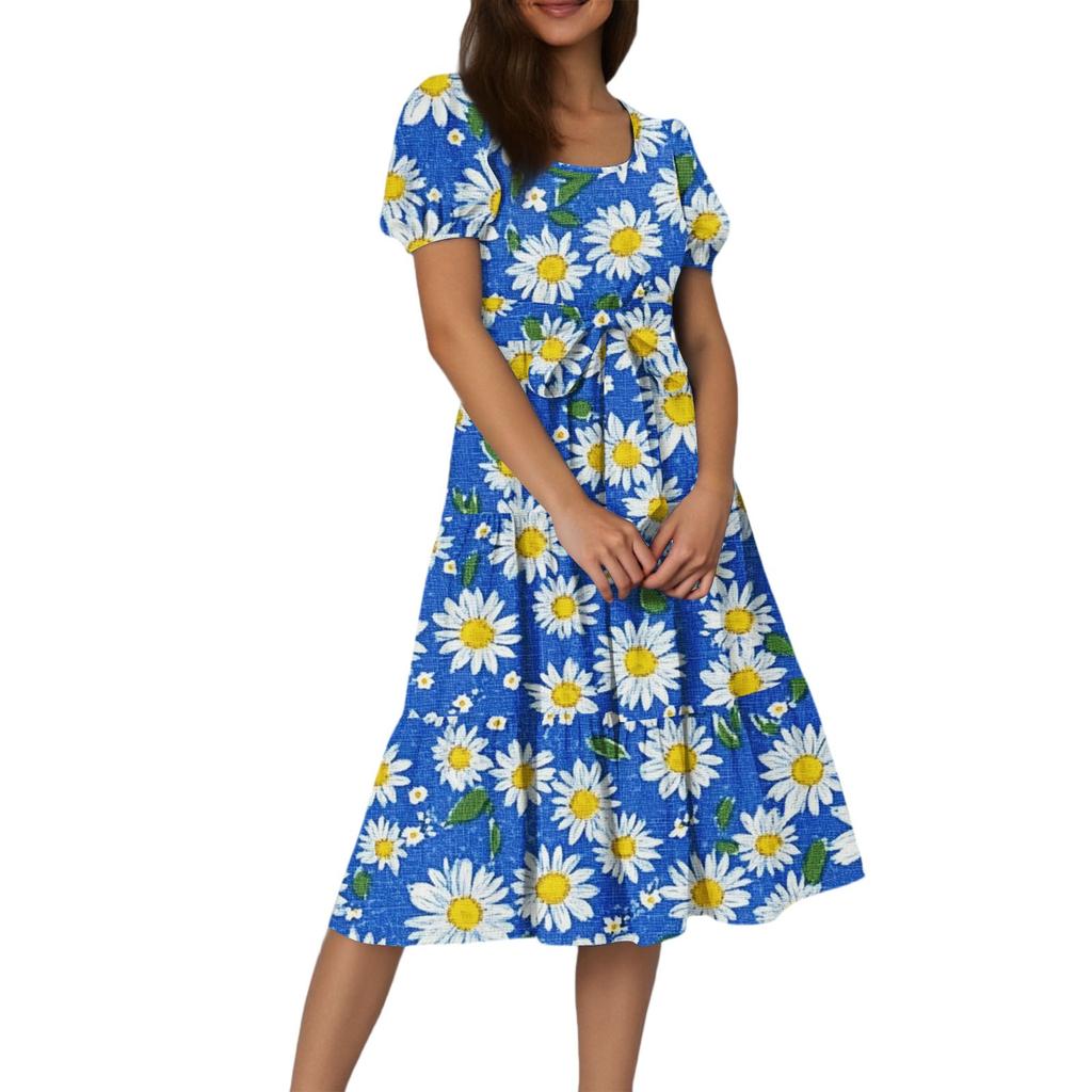 Women's Summer Floral Print Short Sleeves Neck Waistband Bohemian Flowy Layered Maxi Dress With Pockets